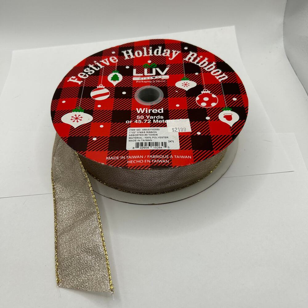 Mostly Full Spool of Gold Festive Holiday Wired  1 1/2 in Xmas Ribbon orig 50 yd